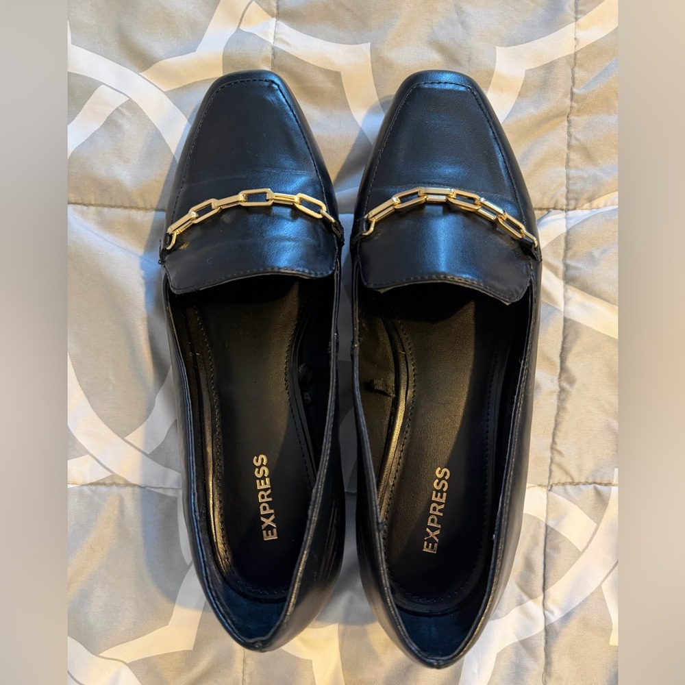 Express Black Leather Loafers with Gold Chain Accent